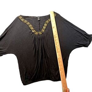 Black Dolman Sleeve V Neck Beaded Embellished‎ Top Shirt